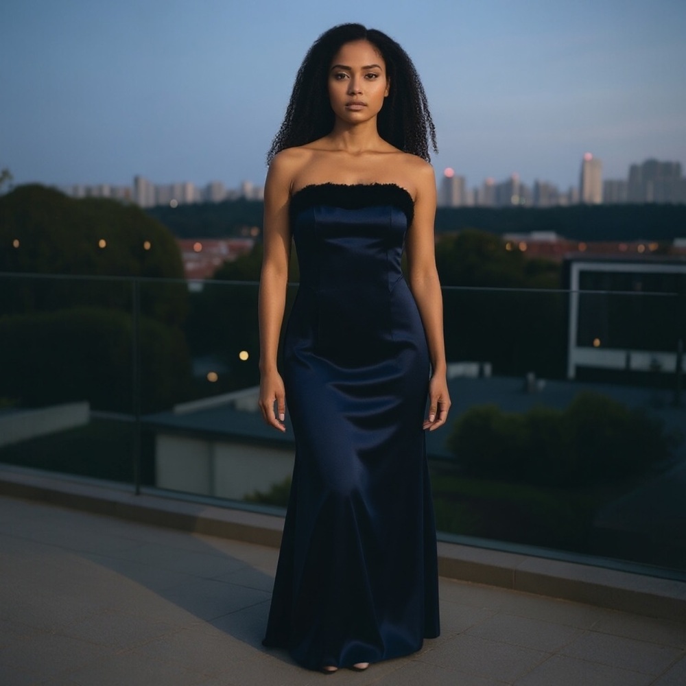 ABS EVENING BY ALLEN SCHWARTZ Strapless Faux Fur Gown Navy 4